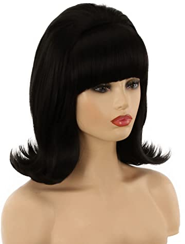 FVCENT 60er Jahre Perücke | Hippie 70er Jahre Retro Bienenstock Stil Vintage Look Flicked Beehive Bob Nach Außen Gewellt Mit Pony (Black)