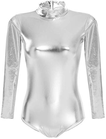 Odizli Damen Langarm Leder Lack Body Catsuit Wetlook Gymnastikanzug Top Ballett Trikot Turnanzug Ballettanzug Ballettkleidung Glänzende Metallic Einteiler Sport Ballettbody Oberteile Kostüm Silber XS