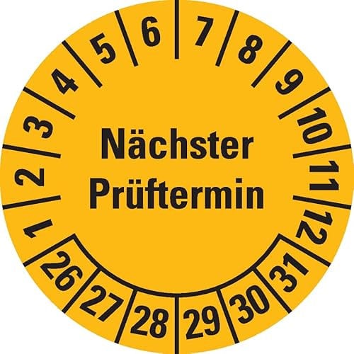 Prüfplakette Nächster Prüftermin, 26-31, gelb, Dokumentenfolie, Ø 30mm, 18/Bogen