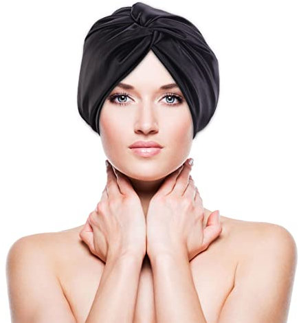 BEHAHAI Silk Hair Wrap for Sleeping, Mulberry Silk Bonnet Double-Sided Sleep Cap Sleep Turban Hair Bonnet for Curly Hair Women Silk Sleep Cap with Elastic Bow Stay On Head