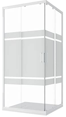 Box Doccia Angolare 70x90cm mod. Ibiza con Apertura Scorrevole Vetro Temperato Serigrafato 4mm Altezza 185cm Profili in Alluminio Bianco Maniglia ABS Bianco