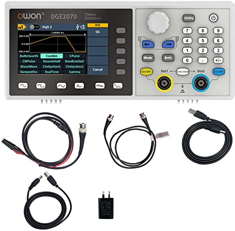OWON DGE2070 Generatore di funzioni a 2 canale 70MHz, Generatore di forme d'onda arbitrarie portatili con display LCD da 3,6 pollici, Generatore di segnale frequenza di campionamento 300MSa/s 14 bit