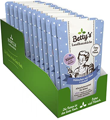 Betty's Kitten Landhausküche Frischebeutel Nassfutter Katze Huhn & Rind, 12 x 100 g, schonend gegart, hohe Bioverfügbarkeit, für alle Katzenrassen geeignet