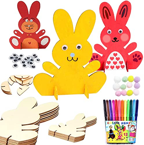 JOKILY 16 Stück Hasen aus Holz zum Bemalen, Ostern Basteln Holz, DIY Osterhase Deko, Osterhase Kinder Bastelsets mit Bunte Mini Pompons und Kulleraugen, Bastelzubehör Dekorationen (D)