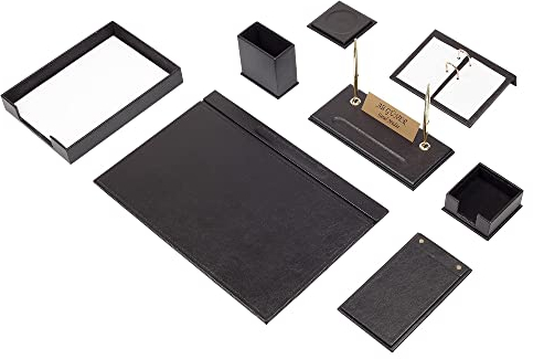 MOOGCO schwarzes Leder-Schreibtisch-Set – Schreibtischunterlage – Notizpapierhalter – Stifthalter – Lederuntersetzer – Schreibtischzubehör – Schreibtisch-Organizer (10PCS-SINGLETRAY)