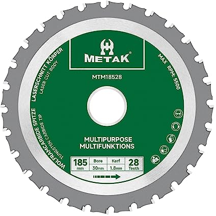 METAK HM Lame de scie circulaire multifonction 185 x 30 mm pour bois, métal, aluminium | Lame de scie multi-matériaux 185 mm 28 dents pour acier | Bague de réduction de 30 mm incluse