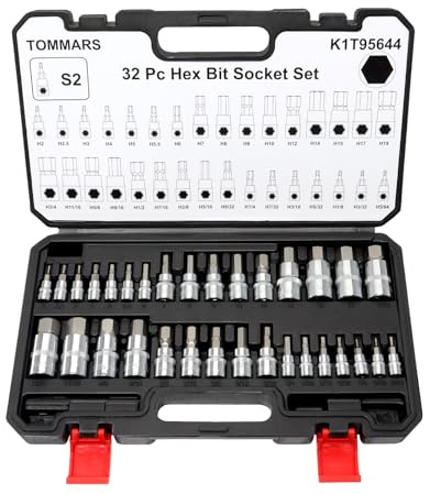TOMMARS 32-PC Master Allen Hex Bit Socket Set, SAE & Metric Allen Hex Key Wrench Socket Set S2 Steel 1/4, 3/8, 1/2 Drive, H5/64 - H3/4 & H2 - H19