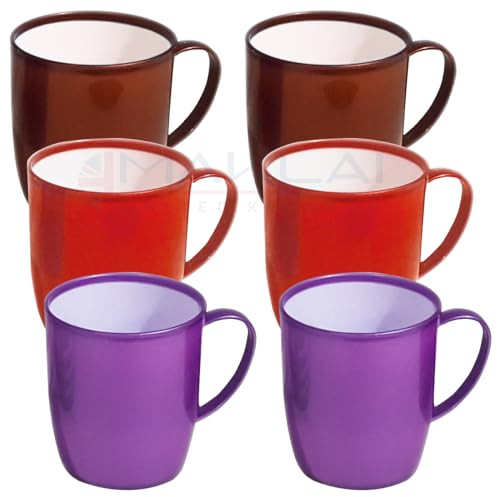 MAKREL Unbreakable Lightweight Plastic Drinking Cups for Camping, Kids Party, Travel & Outdoor Tea Coffee Mugs BPA Free with Handle (Solid Colour, Pack of 6)