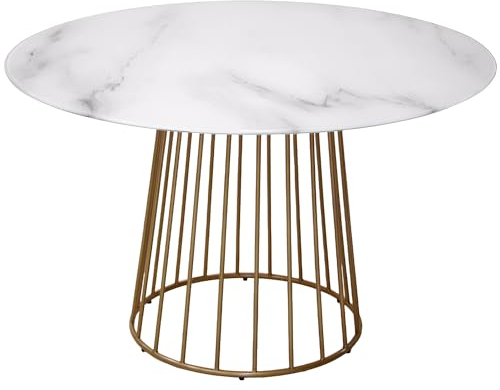 DRW Mesa de Comedor de Cristal Efecto marmol y Metal en Blanco y Dorado 120x120x75cm