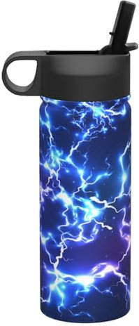 Bouteilles d'eau électriques bleues abstraites isothermes avec paille en acier inoxydable - Bouteille d'eau étanche à double paroi sous vide pour fitness, gym, yoga, sport - 532 ml