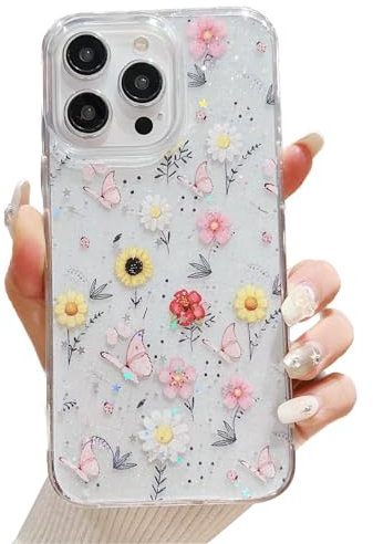 Esakycn for iPhone 15 Pro Max Flower Case, Clear with Floral Design for Women Girls Cute Soft Silicone TPU Shockproof Phone Cover Bumper for iPhone 15 Pro Max 6.7, Sunflower