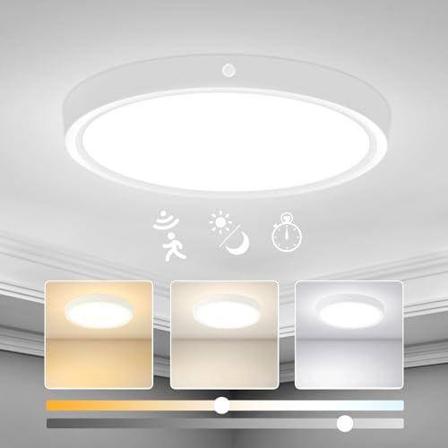 Yafido Deckenlampe mit Bewegungsmelder 9W-12W-18W, 3000K-6000K LED Deckenleuchte Flach 22CM, IP44 Rund Deckenleuchte mit Bewegungsmelder, 2/4/8M Erfassungsabstand Einstellbar