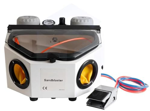 YHUEGH Bench Top Sand Blaster Cabinet Kit, Portable Air Sand Blaster with Spray Gun, Built-in Gloves, LED Lamp, Foot Switch, for Removes Rust, Grime, and Paint