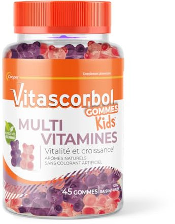VITASCORBOL - Gommes Multivitamines – Vitamine C & D - Enfants dès 4 ans - Vitalité & Croissance - Complément alimentaire - 45 gommes - Goût raisin/fraise