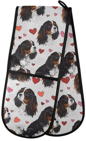 Double Oven Gloves Cute Cavalier King Charles Dog Heart Heat Resistant Pot Holder Oven Mitt Gloves for BBQ Cooking Baking Grilling Microwave