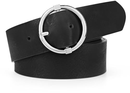 VONMELLI Modischer PU Ledergürtel Damen Jeans Taillengürtel Damen Mit Runder Schnalle für Hosen Schwarz/silberne Schnalle Passform für Taillengröße 63-77cm