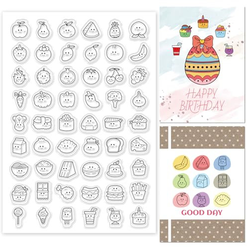 GLOBLELAND Transparente Stempel Mit Lebensmittelsymbolen Gemüse Obst Desserts Getränken Transparente Silikonstempel Siegel Fast Food Gebäck Sushi Transparente Stempel Für DIY Scrapbooking Karten