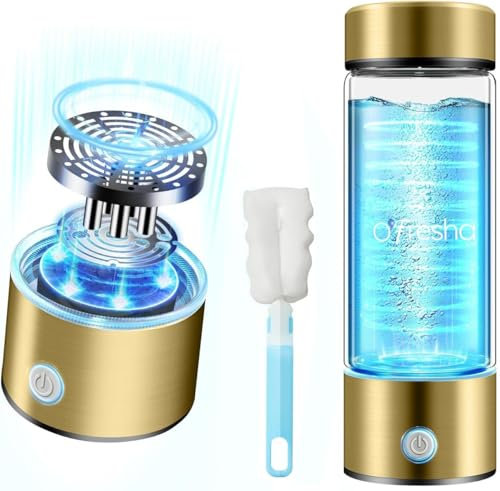 OFresha Hydrogen Water Bottle 420ml-Upgraded 2025 Portable Hydrogen Infused Water Generator, SPE/PEM Technology, Gold Stainless Steel/Glass 3- Minute USB Rechargeable Hydrogen-Rich Water Maker UK