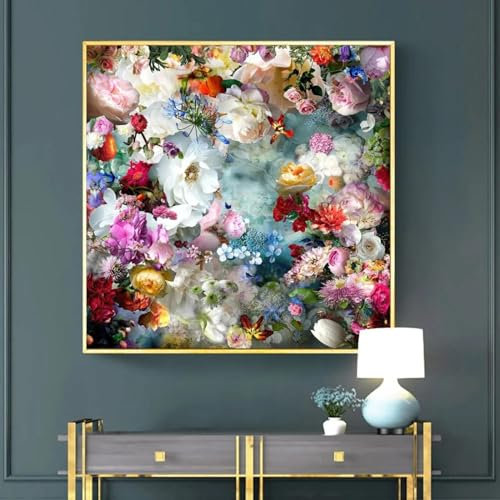 BMGKYAGL Modernes nordisches Dekor, helle Pfingstrosen-Blumenkunst, Malerei, Leinwand, Poster und Drucke, farbenfroher Blumenstrauß, Wandbilder, 60 x 60 cm, rahmenlos
