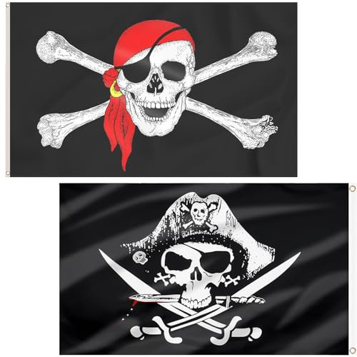 Scinzene 2 Stück Piratenflagge, 150x90 cm, Piraten Deko Kindergeburtstag - Jolly Roger Flaggen aus strapazierfähigem Polyester, Totenkopf- und Kreuzmesser - Für Piratenparty, Halloween & Outdoor-Deko
