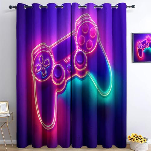 Blickdicht Vorhänge Verdunkelungsvorhang Mit Ösen Gaming Stil Spiel Controller Gardine Lichtdicht Thermovorhang Für Wohnzimmer Schlafzimmer Küche 2 Stück Curtains 214 X 91.5 Cm (Hxb) Neonfarben