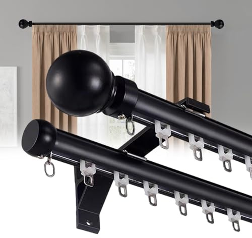 Doppelte Gardinenstangen für Fenster, Hochleistungs-Doppelstangen-Wandhalterung Schiene aus Aluminiumlegierung mit dekorativer runder Endschiene für Schlafzimmer/Hotel(Schwarz,0.5m（1.64ft）