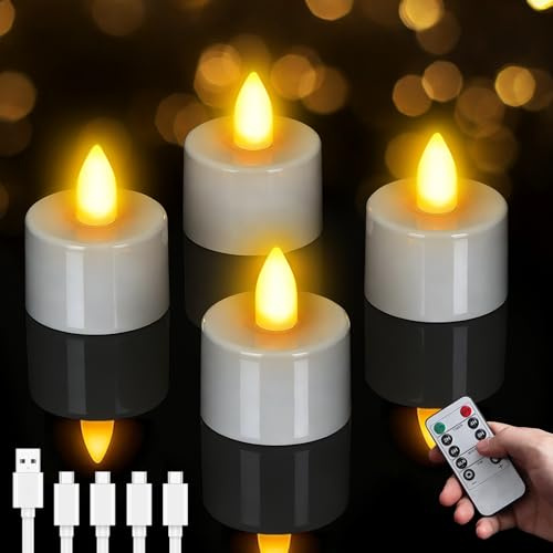 Lepwings 4 Stück LED Teelichter Wiederaufladbar mit Timer & Fernbedienung, Flackernde Elektrische Teelichter mit Ladestation, 18–48 Std Leuchtdauer, LED Kerzen für Valentinstag, Tischdeko & Party