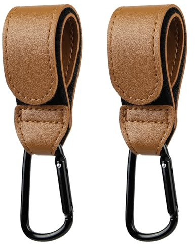 URAQT Kinderwagen Haken, 2 Stk Universelle Anhänger für Kinderwagen Lederoptik Kinderwagen Taschenhalte Kinderwagenhaken Taschenhaken Buggy Clips Träger für Wickeltasche Taschen Einkaufstasche Braun
