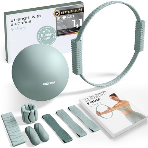 NEOLYMP Pilates Set für Zuhause – Pilates Ball, Pilates Ring & Gewichte – Komplettes Pilates Zubehör Set – inkl. Pilates Bänder, 1kg Hanteln & E-Book – Pilates Essential Kit