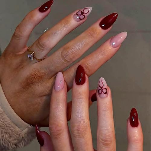 Press on Nails Almond - Burgundy Nails with Bow Design - Pink Acrylic Fake Nails with Glue Long Lasting - Removable Stick on Nails for Women Valentine's day