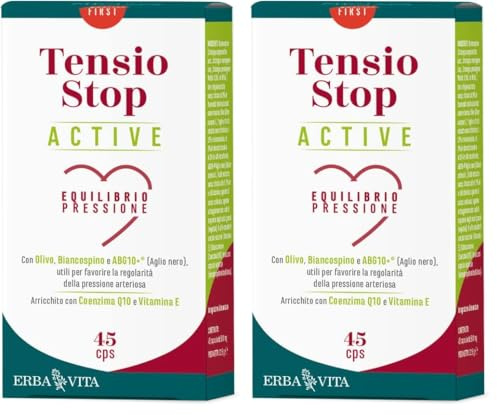 ERBA VITA Tensio Stop Active integratore alimentare per l’equilibrio della pressione con Olivo, Biancospino e Aglio nero (Confezione da 2)