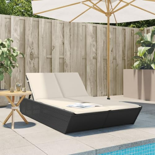 Nqyjm Sonnenliege mit Rückenlehne, verstellbar in 4 Positionen, Doppelliege mit Kissen, schwarz, Polyrattan, Strandliege, Outdoor-Relax für Garten, Terrasse, Balkon, Camping