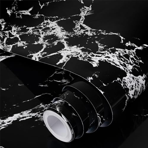 Fiula Black Grey Marble Peel and Stick Wallpaper, Glossy Self Adhesive Vinyl Wrap 44cm x 300cm, Waterproof Marble Effect Contact Paper for Kitchen Worktops, Cabinets & Furniture