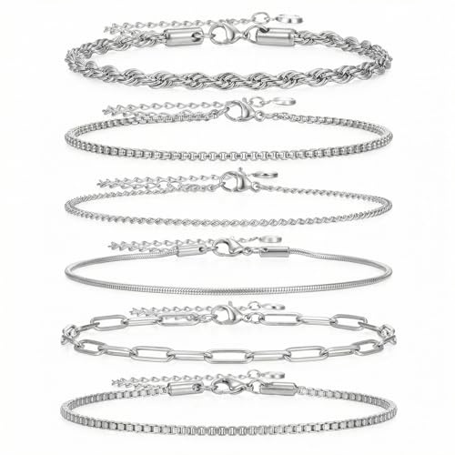 Molain 6Pcs Stainless Steel Chain Bracelets for Men Women, Cuban Rope Box Paperclip Wheat Link Chain Bracelet Set 7 Inch Adjustable Jewelry Gift