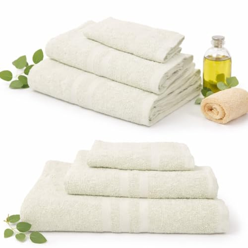 GX GARGIX Tris Asciugamani in Spugna 100% Cotone – 1 Asciugamano Bagno + 1 Viso + 1 Ospite, Set Casa e Hotel, Alta Grammatura, Lavabile in Lavatrice (TRIN-AVORIO)