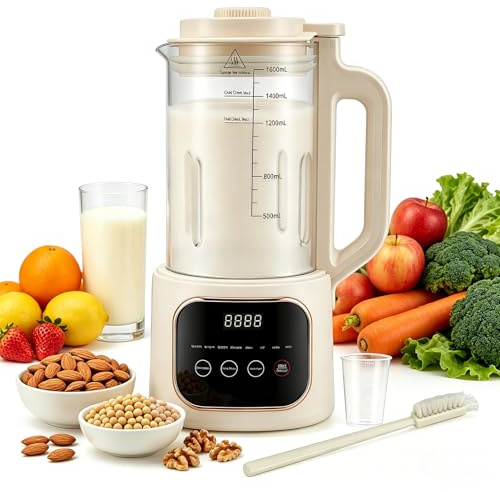Nussmilchmaschine 1600ml, Automatische Mandelmilchmaschine mit 20 Klingen, 4 Stunden Warmhaltefunktion und Selbstreinigung, Pflanzenmilchbereiter für selbstgemachte Pflanzenmilch, Hafer, Soja