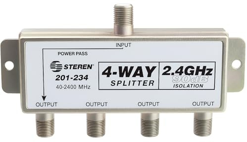 STEREN 4-Way 2.4GHz 90dB 1 Port Power Pass DC Passing On One Port F-Pin Coaxial Splitter [201-234]