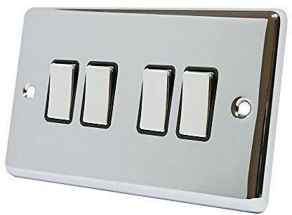 AET CPC4GSWIBC Polished Chrome Classical Black Insert Metal Rocker Switches-10 Amp 4 Gang 2 Way Light Switch, 240 V