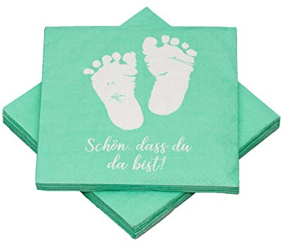 20 Servietten Babyfüße 'Schön, dass du da bist!' 33x33 cm - mint grün - für Geburt, Taufe, Babyshower