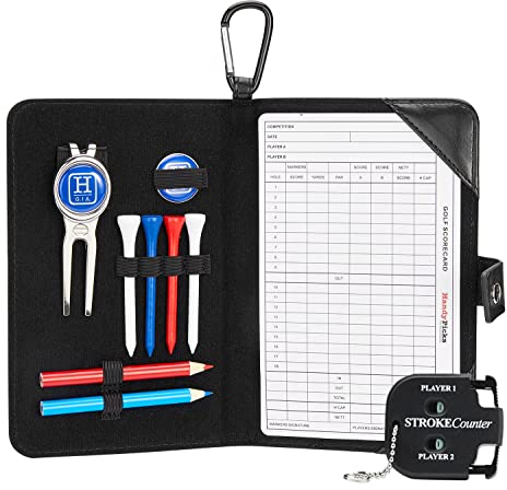 Handy Picks Golf Scorecard Holder n Yardage Book Cover - Divot Repair Tool, Ball Marker, Golf Tees, Scorer, Pencil n Scorecards Included - Gift for Golfers (Black)