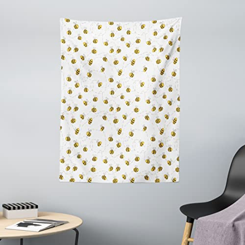 ABAKUHAUS Biene Wandteppich, Einfache Doodle Fliegen Bee aus Weiches Mikrofaser Stoff Waschbar ohne Verblassen Digitaldruck, 110 x 150 cm, Gelb Weiß