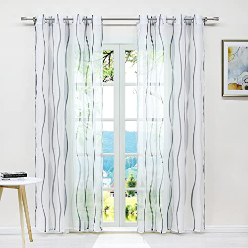 ESLIR Gardinen mit Ösen Vorhänge Gardinenschals Transparent Schlaufenschal Wellen Muster Voile Grau BxH 140x145cm 1 Stück