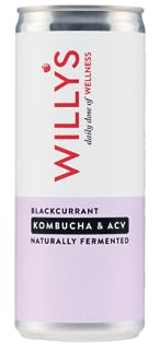 WILLY'S Blackcurrant Kombucha & Apple Cider Vinegar - Probiotics For Detox & Gut Health - Vegan & Gluten Free - 12 x 250ml Cans - Sustainable ACV