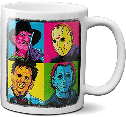 OM3® Tazza da caffè con pop art horror – Halloween Nightmare Serial Killers | Tazza in ceramica | 325 ml | Stampa su entrambi i lati | Bianco