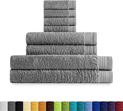 Eiffel Textile Packs de Toallas Calidad Rizo 600 gr, Algodón Egipcio 100%, Gris, Tocador Lavabo y Ducha, 8 Unidades