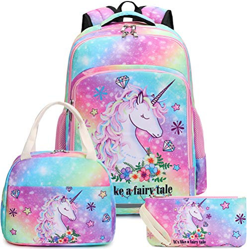 BTOOP Mädchen-Rucksack für Kinder, Jungen, Elementar-Büchertasche, Schultasche mit isolierter Lunchtasche und Federmäppchen, A-tie Dye Galaxy - 3 Stück, Large, Schulrucksäcke