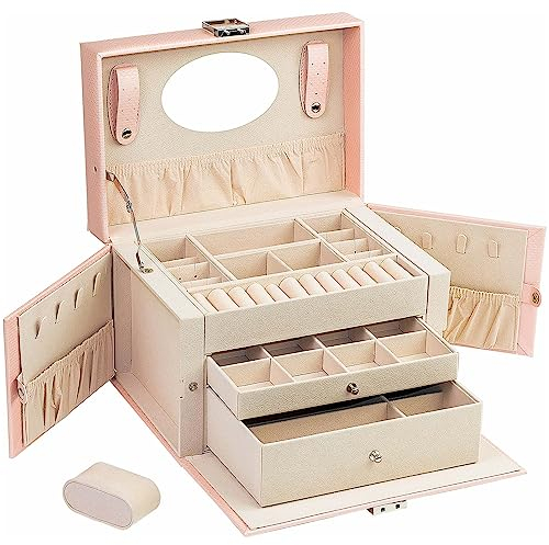 ADEL DREAM Boîte à bijoux avec 2 tiroirs organisateur de bijoux en cuir PU doublure en velours pour le stockage de bijoux Pink-06-3