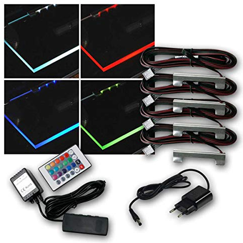 world-trading-net - LED Metall-Clip Glasbodenbeleuchtung im 4er Set, Leuchtfarbe RGB, inklusive RGB Controller + Netzteil