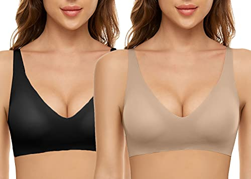 CheChury Soutien Gorge sans Armature Push Up Brassière Femme Sport Confortable Soutien-Gorge pour Quotidien Yoga - Noir + Beige - Taille L