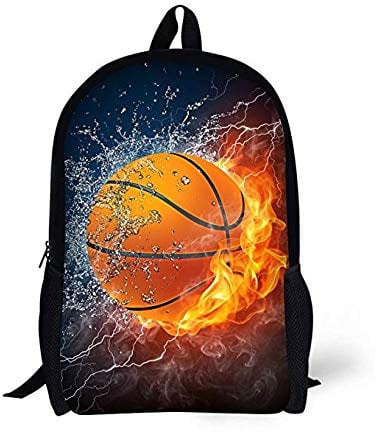 Binienty Schulrucksack für Kinder, Jungen, Mädchen, Teenager, leicht, für Bücher, Laptop, lässiger Tagesrucksack, Feuer-Basketball, Einheitsgröße